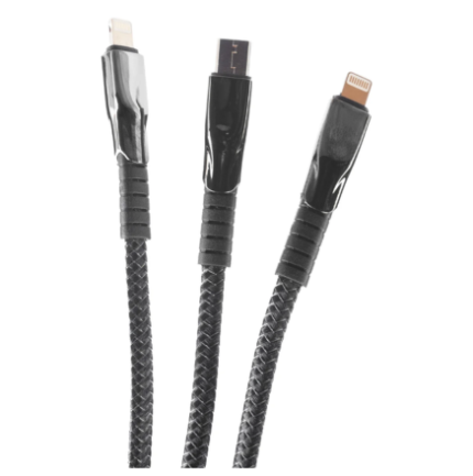 JBQ 3-in-1 Fast Charging Cable 1.5M ? USB-A to Type-C & Dual Lightning, Data Sync, Braided Nylon | (DT-U33) (L-L-C)