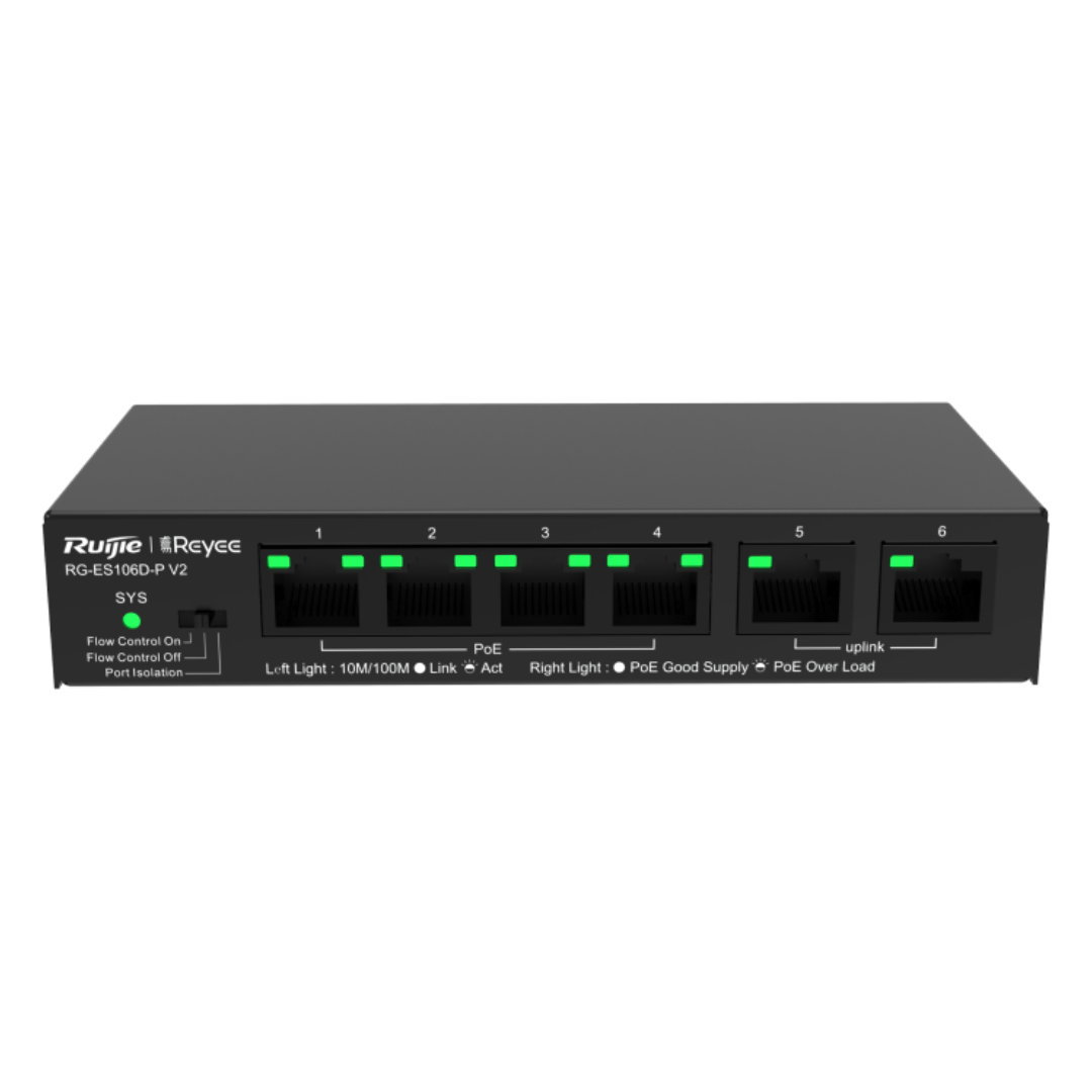 399 Ruijie | Reyee RG-ES106D-P V2 6-Port Gigabit Unmanaged PoE Switch | 4 PoE+ Ports | 2 Uplink Ports | 54W PoE Budget | Plug and Play - Image 1